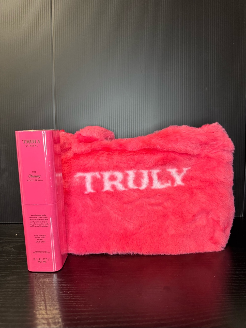 TRULY Limited Edition Pink Fuzzy Bag & Truly Cleansing Body Serum